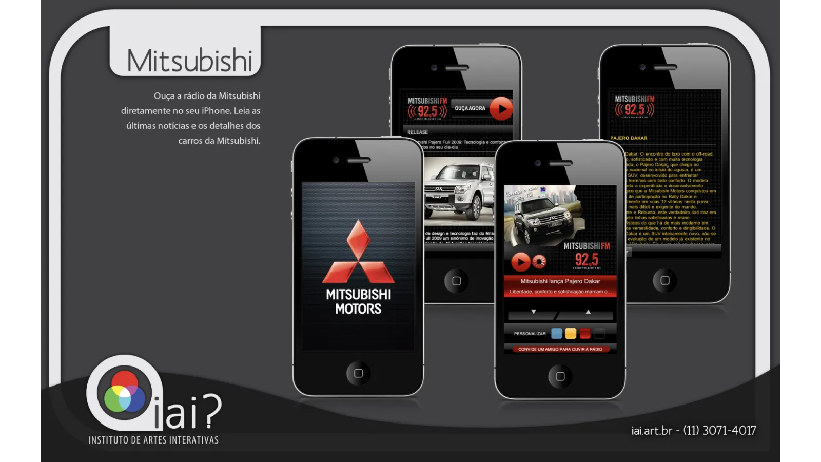 Mitsubishi Motors iPhone app portfolio slide with iAi? branding showing FM radio, car news, and Pajero Dakar content.